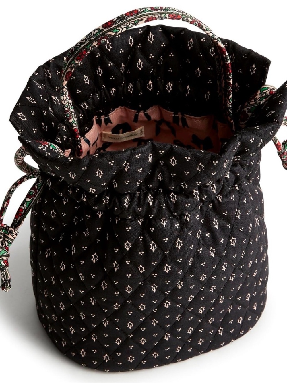 NWOT Vera Bradley Holly Days Black Quilted Drawstring Crossbody with Floral Trim